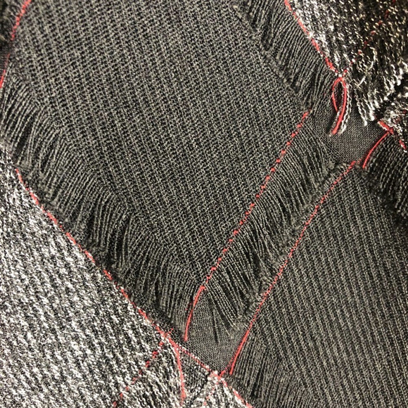 Denver Hayes Diagonal Stripe Patchwork Fringe Midi Dress Black Grey Red Sz 8 - Picture 12 of 15
